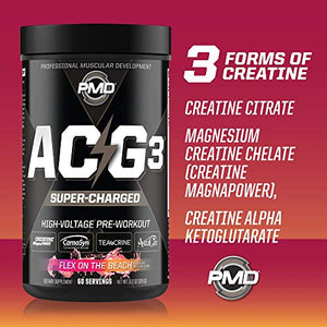 PMD Sports ACG3 Supercharged - Pre Workout - Powerful Strength, High Energy, Maximize Mental Focus, Endurance, Optimum Workout Performance for Men and Women - Flex On The Beach (60 Servings)