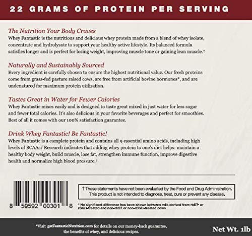 Whey Fantastic - Chocolate - Made with 100% Pure Grass Fed Whey Protein - Optimum Blend of Undenatured Whey Isolate, Concentrate & Hydrolysate - Non-GMO, Soy & Gluten Free -12 Servings 1lb.