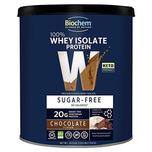 Biochem 100% Whey Isolate Protein - Sugar Free - Chocolate Flavor - 24.9 oz - Pre & Post Workout - Meal Replacement - Keto-Friendly - 20g of Protein.