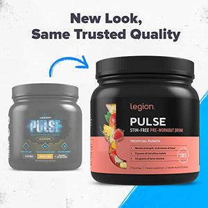 Legion Pulse, Best Caffeine Free Natural Pre Workout Supplement for Women and Men – Powerful Nitric Oxide Booster, Non Stimulant Beta Alanine, Citrulline and Alpha GPC, (Caffeine Free Tropical Punch)