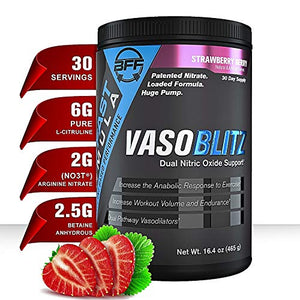 VASOBLITZ by BFF Build Fast Formula | Award Winning Dual Nitric Oxide Pre-Workout | NO3-T® Arginine Nitrate, L-Citrulline, Betaine Anhydrous for Muscle Pumps | Caffeine Free | 30 serv Strawberry Berry