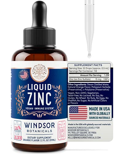 Windsor Botanicals Maximum Strength Vegan Liquid Zinc Sulphate - Ultra-Concentrated, Rapidly Absorbed Ionic Zinc - Clinical-Grade, Vegan Mineral Formula - 2 oz