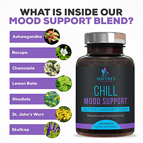 Stress Support Supplement 1000mg, Natural Herbal Formula for Calm, Positive Mood, Relaxation - Made in USA - with Ashwagandha, Niacin, L-Theanine, Rhodiola Rosea, 5-HTP - 120 Capsules