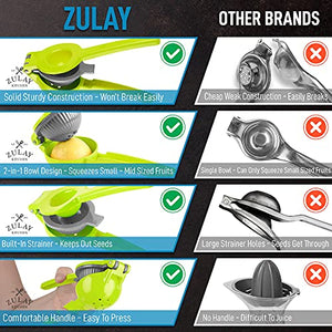 Zulay Metal 2-In-1 Lemon Lime Squeezer - Hand Juicer Lemon Squeezer - Max Extraction Manual Citrus Juicer (Gray and Lime Green)