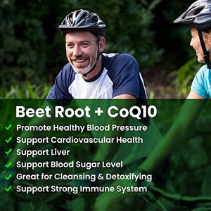 Beet Root Capsules 1350 mg Organic Beet Root Powder with CoQ10 Nitric Oxide Booster, High Blood Pressure Supplement, Helps Blood Flow, Heart Health, Performance, Stamina and Energy 60 Ct (Pack of 1)