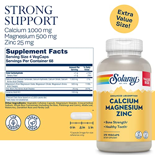 Solaray Calcium Magnesium Zinc, Strong Bones & Teeth, Heart, Nerve & Immune Function Support, 68 Servings, 275 VegCaps