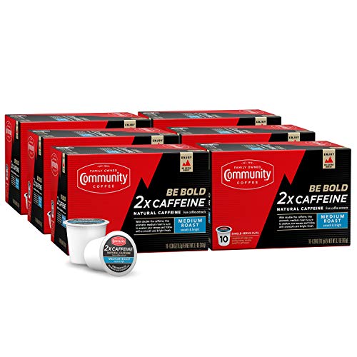Community Coffee 2X Caffeine 60 Count Coffee Pods, Medium Roast, Compatible with Keurig 2.0 K-Cup Brewers, 10 Count (Pack of 6)