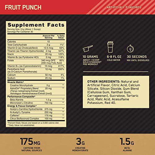 Optimum Nutrition Gold Standard Pre-Workout, Vitamin D for Immune Support, with Creatine, Beta-Alanine, and Caffeine for Energy, Keto Friendly, Fruit Punch, 30 Servings (Packaging May Vary)
