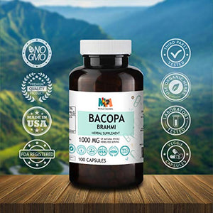 Bacopa Capsules - Organic Brahmi Herbal Supplement for Natural Stress Relief, Antioxidant Support, Memory & Brain Health, Cognitive Function - Non-GMO Formula - 1000mg, 100 Veggie Caps