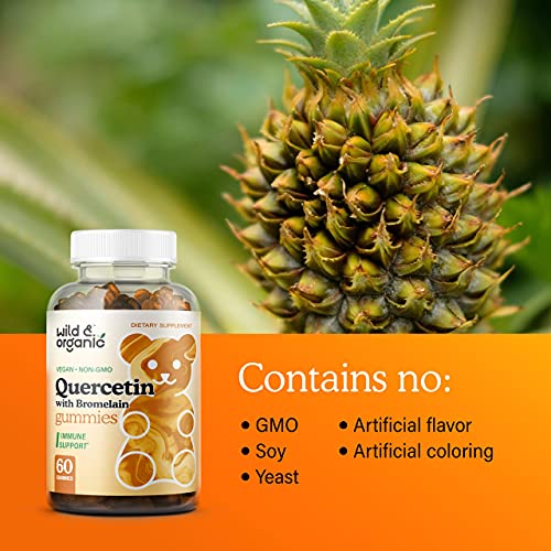 Wild & Organic Quercetin with Bromelain Gummies - Nutritional Supplement Promoting Immunity, Heart & Respiratory Function - Natural Allergy Relief Support - Vegan, Non-GMO - 60 Pear-Flavored Chewables
