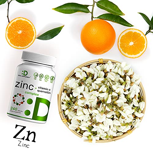 Zinc Supplements 50mg with Quercetin and Vitamin C, 8 Months Supply, 4-1 Zinc Complex, 240 Capsules, Ultimate Immune Support - Premium Zinc Quercetin Supplements