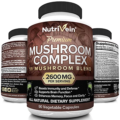 Nutrivein Mushroom Supplement 2600mg - 90 Capsules - 11 Organic Mushrooms - Lions Mane, Cordyceps, Chaga, Reishi, Turkey Tail, Maitake, Shiitake, Agaricus, White Button, Oyster - Nootropic Brain Pills