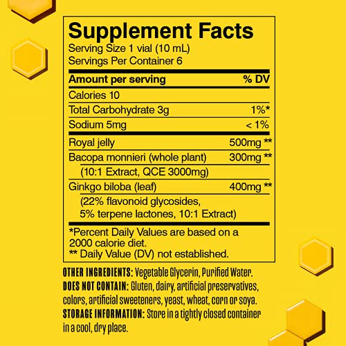 BEEKEEPER'S NATURALS B.LXR Brain Fuel - Memory, Focus and Clarity Liquid Formula, Supports Productivity - Royal Jelly, Ginkgo Biloba, Bacopa Monnieri - Keto Friendly, Gluten & Caffeine-Free, (6 ct)