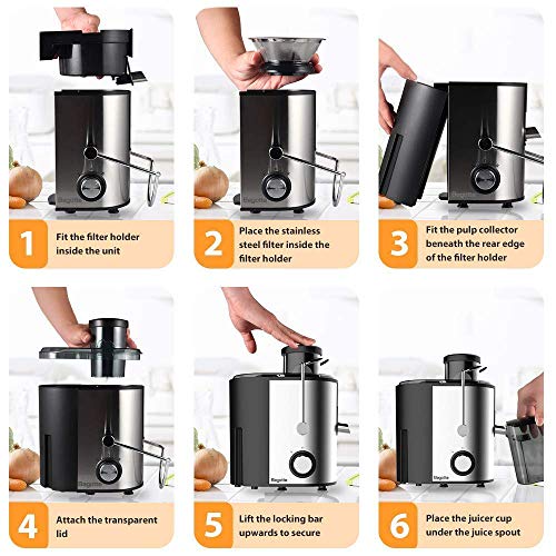 Bagotte Compact Juice Extractor Fruit and Vegetable Juice Machine Wide Mouth Centrifugal Juicer, Easy Clean Juicer, Stainless Steel, Dual-Speed, 400w, BPA-Free (Renewed)