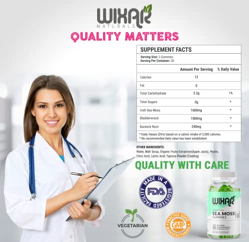 Wixar Naturals Sea Moss Gummies - Natural Irish Sea Moss and Bladderwrack with Burdock Gummy - 60 Gummies - Vegan - Thyroid, Healthy Skin, Keto Detox, Gut, Joint Support Alkaline Supplements