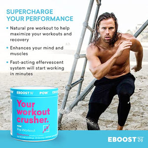 EBOOST POW Natural Pre-Workout – 20 Servings – Blue Raspberry - Pre Workout Supplement for Performance, Energy, Focus - Men Women - Non-GMO, Gluten-Free, No Creatine