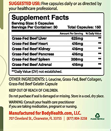 100% Grass-Fed Glandular Organ Complex: A Primal superfood Blend of Beef Liver, Heart, Kidney and More! (150 Capsules)