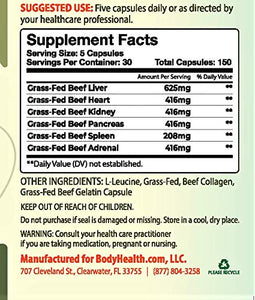 100% Grass-Fed Glandular Organ Complex: A Primal superfood Blend of Beef Liver, Heart, Kidney and More! (150 Capsules)