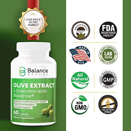 Balance Breens Immunity Booster Olive Leaf Extract 60 Capsules - Quercetin 400mg with Bioperine Black Pepper Fruit Extract – Powerful Antioxidant, Supports Blood Pressure and Cardiovascular Health (1)