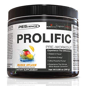 PEScience Prolific Pre Workout Powder, Mango Splash, 40 Scoops, Energy Supplement with Nitric Oxide