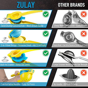 Zulay Metal 2-In-1 Lemon Lime Squeezer - Hand Juicer Lemon Squeezer - Max Extraction Manual Citrus Juicer (Vibrant Yellow and Blue Atoll)