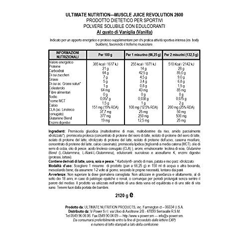 Ultimate Nutrition Muscle Juice Revolution 2600 Weight Gainer, Intestinal Health, and Muscle Recovery with Glutamine, Micellar Casein and Time Release Complex Carbohydrates, Vanilla Protein Powder, 4.69 Pounds