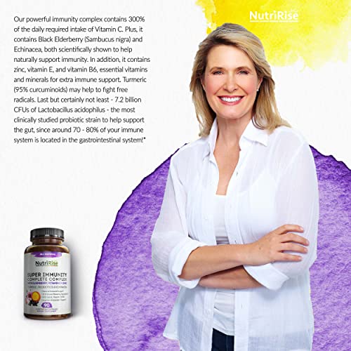 Immunity Complex Immune Support Supplement - 10 Super-Concentrated Ingredients: Vitamin C E B6 Zinc L-Glutamine Elderberry Echinacea Garlic Turmeric Curcumin 7.2 Billion CFU Probiotics For Men & Women