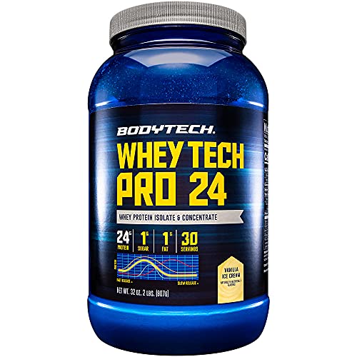 BodyTech Whey Tech Pro 24 Protein Powder Protein Enzyme Blend with BCAA's to Fuel Muscle Growth Recovery, Ideal for PostWorkout Muscle Building Vanilla Ice Cream (2 Pound)