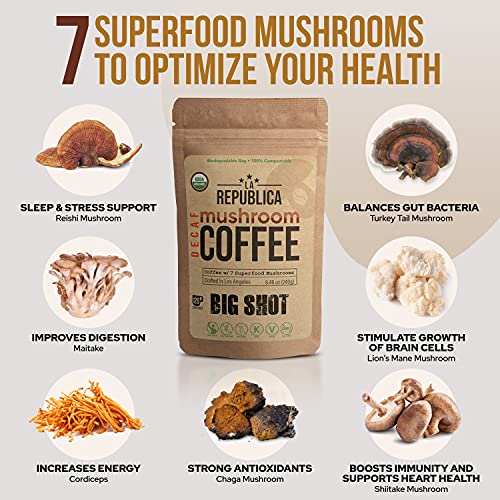 La Republica Organic Decaf Mushroom Coffee with 7 Superfood Mushrooms, Great Tasting Instant Coffee Mix Includes Lion's Mane, Reishi, Chaga, Cordyceps, Shiitake, Maitake, and Turkey Tail (Big Shot)