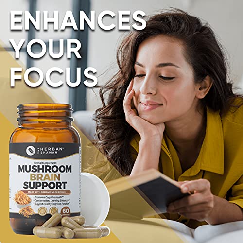 The Herban Shaman Mushroom Supplement Brain Support | Organic Lions Mane, Cordyceps, Ginkgo Leaf, Gotu Kola + More | Natural Herbal Supplement (60 Capsules)