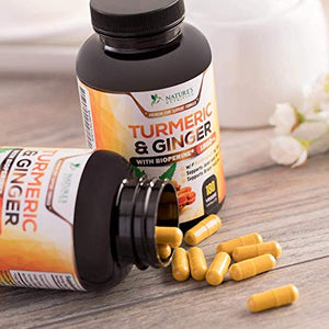 Turmeric Curcumin with BioPerine & Ginger 95% Curcuminoids 1950mg - Black Pepper for Absorption, Made in USA, Natural Immune Support, Turmeric Ginger Supplement by Natures Nutrition - 180 Capsules