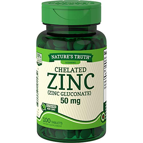Nature's Truth Chelated Zinc 50mg | 100 Tablets | Essential Mineral Supplement | from Zinc Gluconate | Vegetarian, Non-GMO, Gluten Free