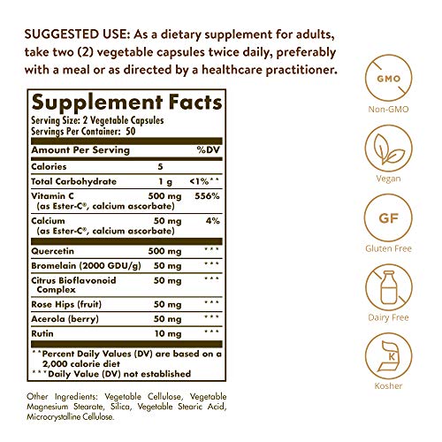 Solgar Quercetin Complex with Ester-C Plus, 100 Vegetable Capsules - Supports Immune Health, Antioxidant - Gentle on the Stomach Vitamin C - Non-GMO, Vegan, Gluten Free, Dairy Free - 50 Servings