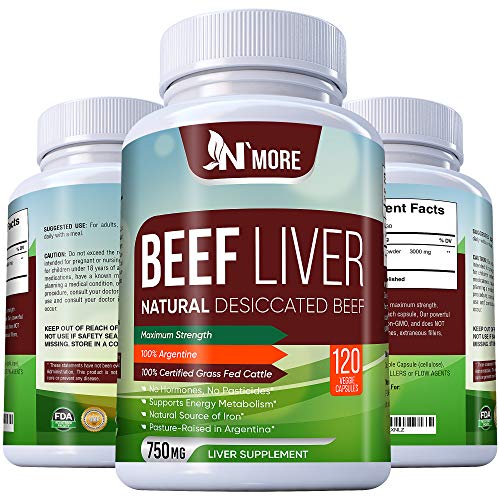 N'More Desiccated Liver Capsules, Certified 100% Grass Fed Undefatted Argentine Natural Beef Liver Supplements, 120 Capsules, 750mg per Capsule