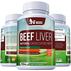 N'More Desiccated Liver Capsules, Certified 100% Grass Fed Undefatted Argentine Natural Beef Liver Supplements, 120 Capsules, 750mg per Capsule