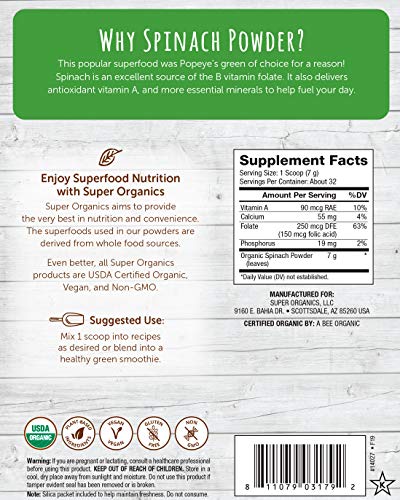Super Organics Spinach Powder | Excellent Source of Folate – Vegan, Gluten-Free & Non-GMO, 8 Oz