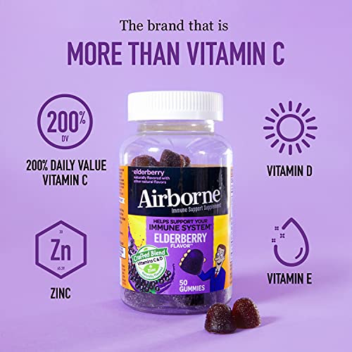 Airborne Elderberry + Zinc & Vitamin C Gummies For Adults, Immune Support Zinc Gummies with Powerful Antioxidants Vit C D & E - (50 count bottle), Delicious Elderberry Flavor