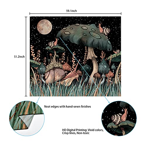 Trippy Mushroom Tapestry Moon and Stars Tapestry Snail Tapestry Fantasy Plants and Leaves Tapestry Wall Hanging for Room(51.2 x 59.1 inches)