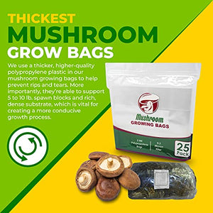 Reinforced Mushroom Grow Bags, 25 Count, Oyster Spawn and Grain Root Substrate Growing Kit with 0.2 Micron Filter, Large 8” x 5” x 20”, Thickest Available Heavy Duty 3 Mil Polypropylene Plastic