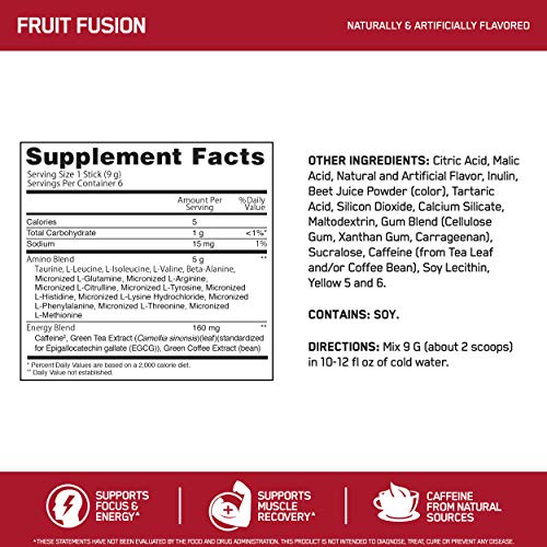 Optimum Nutrition Amino Energy - Pre Workout with Green Tea, BCAA, Amino Acids, Keto Friendly, Green Coffee Extract, Energy Powder - Fruit Fusion, 6 Count