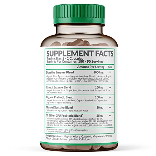 Digestive Enzymes 1000MG Plus Prebiotics & Probiotics Supplement, 180 Capsules, Organic Plant-Based Vegan Formula for Digestion & Lactose with Amylase & Bromelain, 3-6 Month Supply