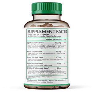 Digestive Enzymes 1000MG Plus Prebiotics & Probiotics Supplement, 180 Capsules, Organic Plant-Based Vegan Formula for Digestion & Lactose with Amylase & Bromelain, 3-6 Month Supply
