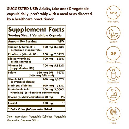 Solgar B-Complex "100", 100 Vegetable Capsules - Heart Health - Nervous System Support - Supports Energy Metabolism - Non GMO, Vegan, Gluten Free, Dairy Free, Kosher, Halal - 100 Servings