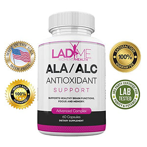 ALA / ALC Extra Strength Supplement - Alpha Lipoic Acid with Acetyl L-Carnitine 850 mg ALCAR Amino Acid Source for Brain Function, Memory, Focus, Antioxidant Support for Women by Ladyme 60 Capsules