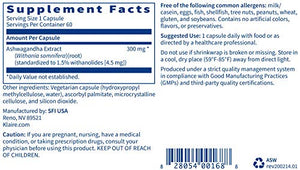 Klaire Labs Ashwagandha Extract 300mg - Ashwagandha Supplement to Promote Memory, Cognitive Function & Healthy Stress Response - Hypoallergenic Ashwagandha Root Extract (60 Capsules)