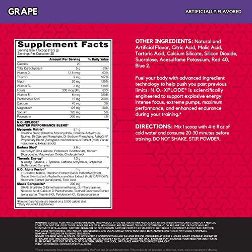 BSN N.O.-XPLODE Pre Workout Powder, Energy Supplement for Men and Women with Creatine and Beta-Alanine, Flavor: Grape, 30 Servings