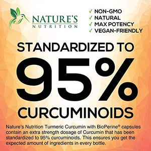 Turmeric Curcumin with BioPerine & Ginger 95% Curcuminoids 1950mg - Black Pepper for Absorption, Made in USA, Natural Immune Support, Turmeric Ginger Supplement by Natures Nutrition - 180 Capsules