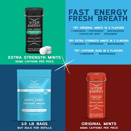 Viter Energy Caffeinated Gum - 60mg Caffeine, B Vitamins, Guarana, Sugar Free Vegan Chewing Gum. Zero Calories. Performance Nootropic Chews for Powerful Energizing Focused Boost (Cinnamon, 6 Pack)