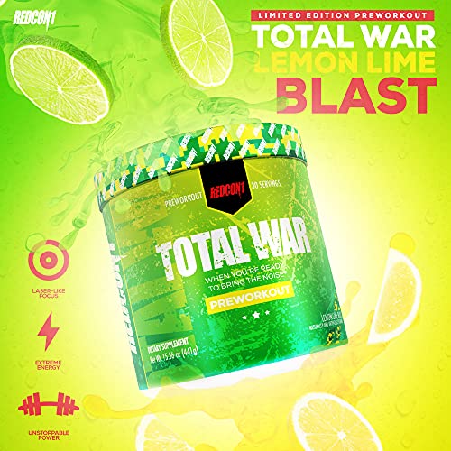 Redcon1 Total War - Pre Workout Powder, (Lemon Lime Blast) Boost Energy, Increase Endurance and Focus, Beta-Alanine, 350mg Caffeine, Citrulline Malate, Nitric Oxide Booster - Keto Friendly