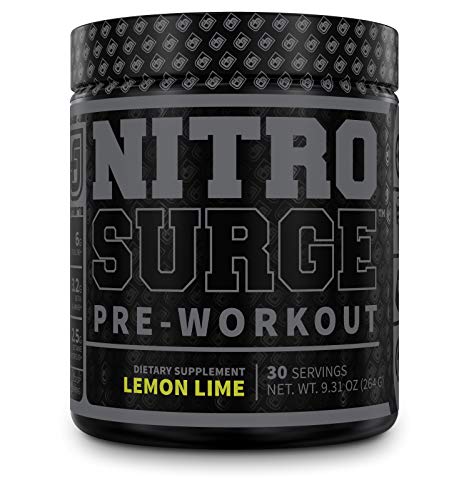 NITROSURGE Black Pre Workout Supplement - Nootropic Energy Booster Powder w/Dynamine & TeaCrine - PreWorkout Nitric Oxide Booster - 30 Servings, Lemon Lime